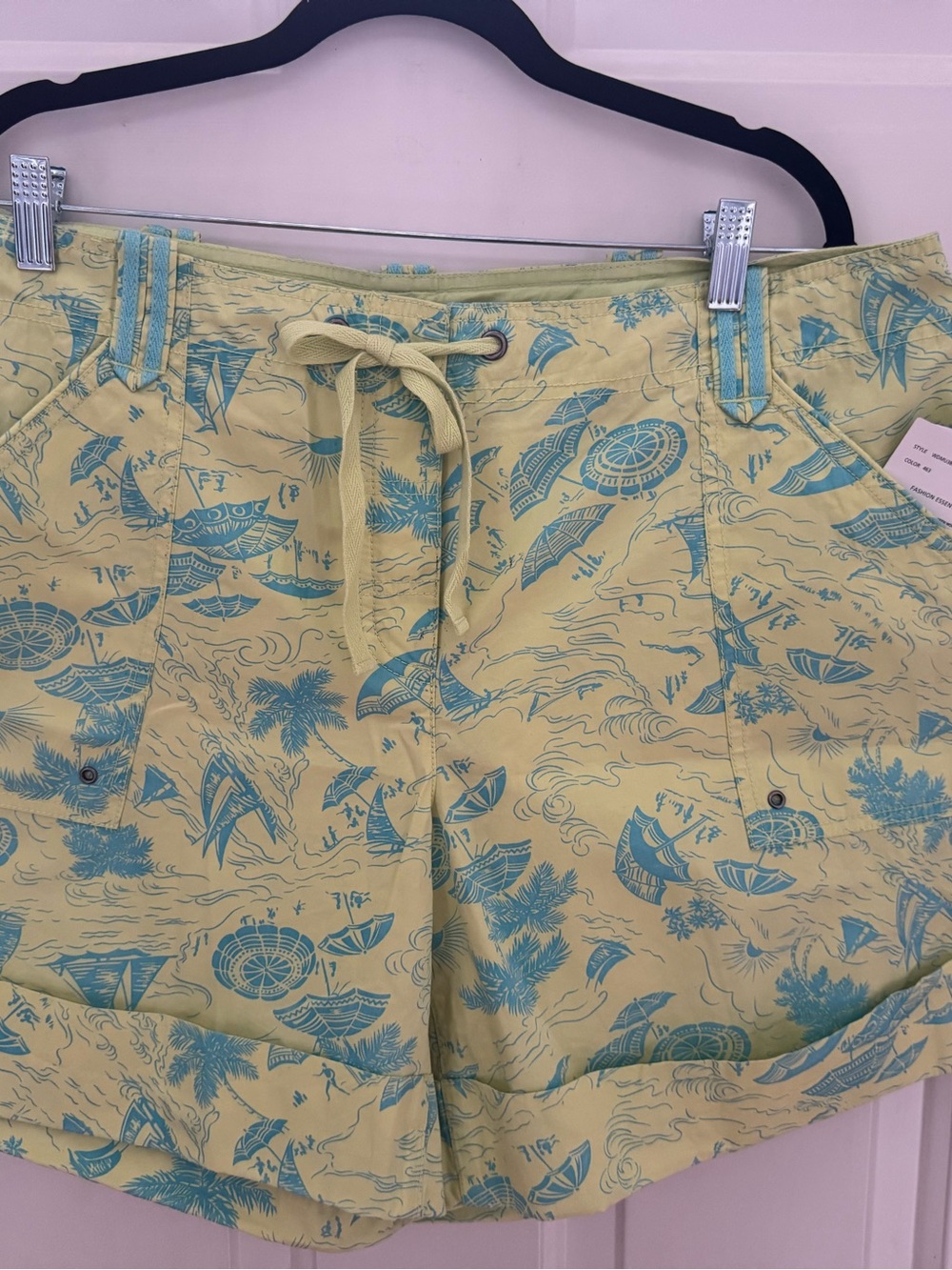 Liz Claiborne Yellow & Teal Tropical Print Drawstring Shorts